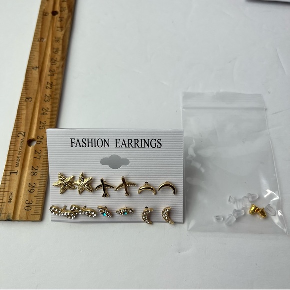 Gold & Rhinestone Starfish Planes Moon Infinity Evil Eye Stud Fashion Earrings - Picture 5 of 5